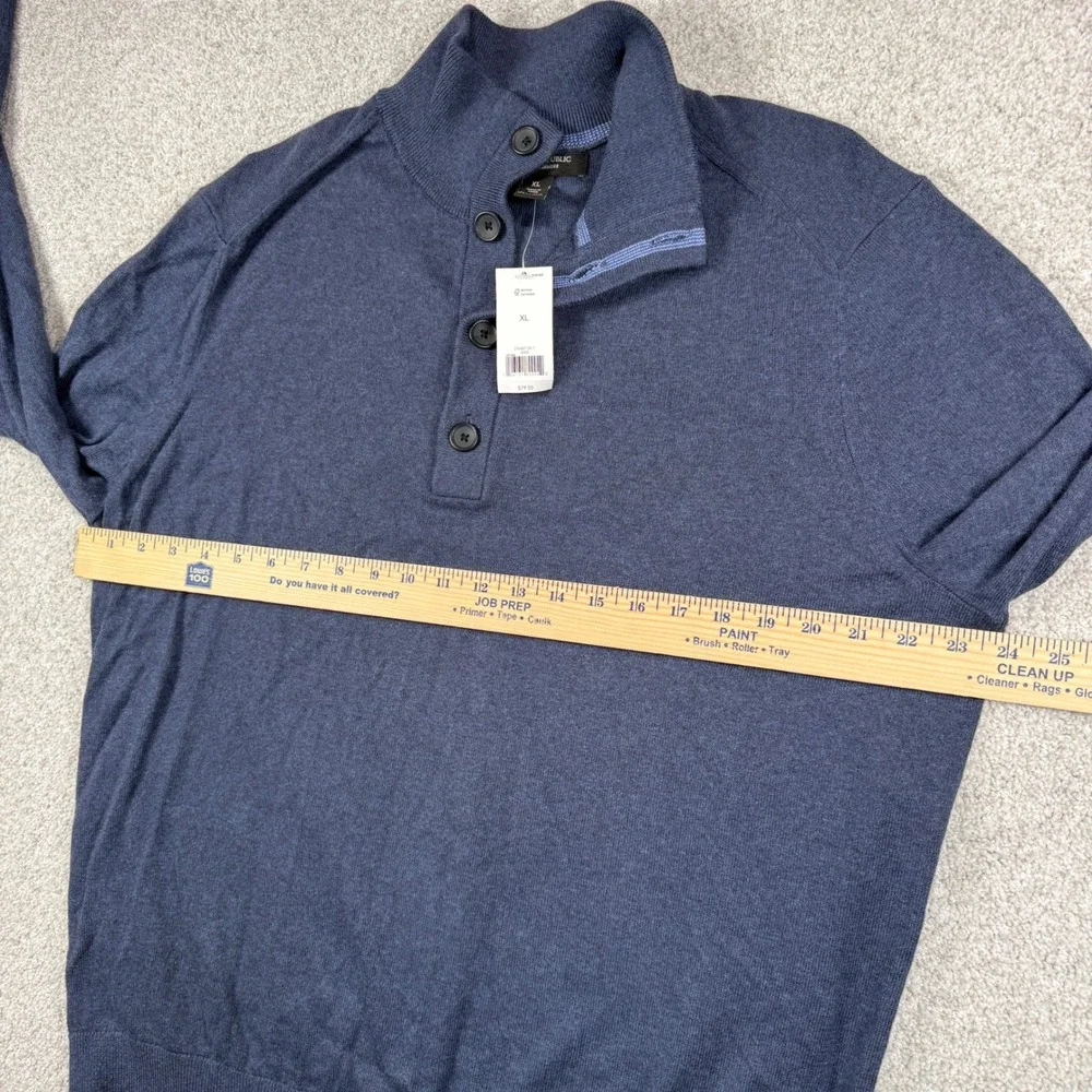 NEW Banana Republic Sweater Mens XL Blue Cotton Cashmere Button Mock Neck